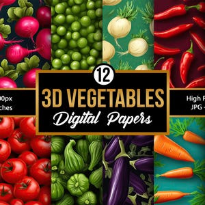 Op de afbeelding: Twaalf digitale papierontwerpen met verschillende groenten, waaronder komkommers, radijzen, groene erwten, uien, tomaten, vijgen, aubergines, wortels, paprika's en aardappelen. Elk ontwerp is een naadloos patroon met een resolutie van 3600x3600 pixels.