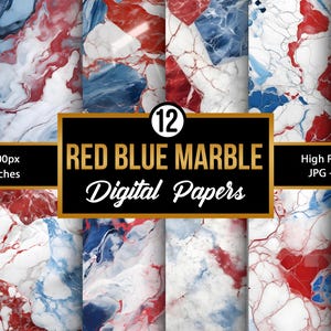 Red Blue and White Marble Digital Paper, Patriotic Modern Marble Backgrounds