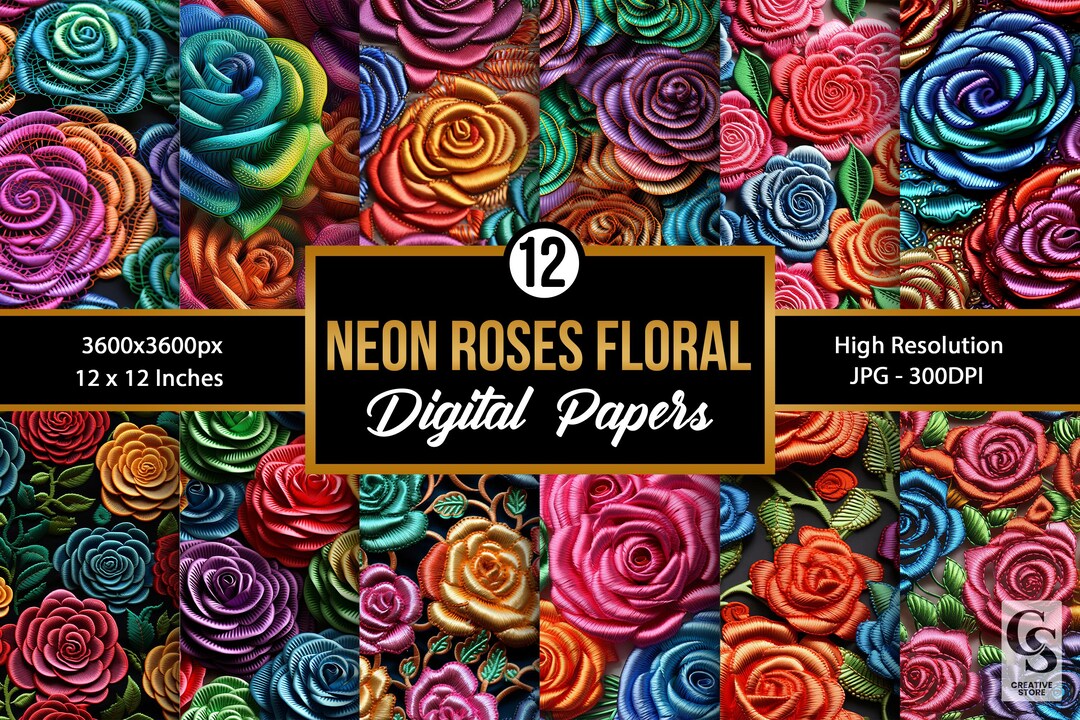 Neon 3d Roses Flowers Seamless Patterns | Colorful Roses Embroidery ...