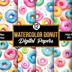 Colorful Watercolor Donuts Digital Paper, Seamless Pattern, Cute Bakery Art, Pastel Food Pattern