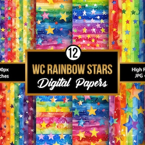 Könnte beinhalten: Eine Sammlung von 12 digitalen Papieren mit einem Aquarell-Regenbogen- und Stern-Design. Die Papiere weisen lebendige Farben und ein hochauflösendes JPG-Format auf. Der Text auf dem Bild lautet "WC Rainbow Stars Digital Papers."