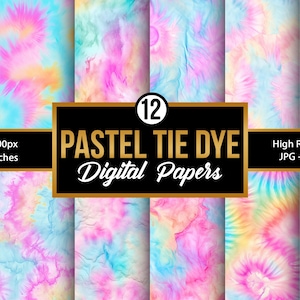 May include: A set of 12 pastel tie-dye digital papers. Each design showcases a unique swirl pattern in pink, blue, and yellow hues. The papers measure 30.48 x 30.48 cm and are high resolution.