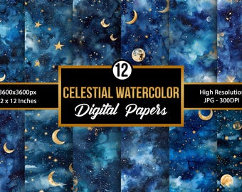 Celestial Watercolor Galaxy Digital Papers, Celestial Backgrounds
