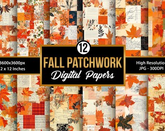 Fall Patchwork Digital Paper, Autumn Seamless Quilt Patterns for Scrapbooking, Crafts, Invitations & DIY Projects