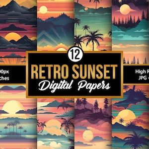 May include: Twelve digital papers featuring retro sunset designs. Each paper is 12 inches by 12 inches and has a high resolution of 300 DPI. The papers feature a variety of colors, including orange, pink, blue, and green. The designs include mountains, clouds, palm trees, and sunsets.