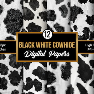 Black & White Cowhide Seamless Patterns, Animal Print Digital Papers