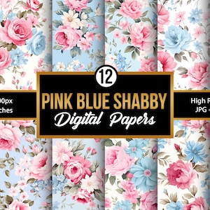 Pink and Blue Shabby Chic Digital Paper, Pastel Romantic Roses Seamless Patterns