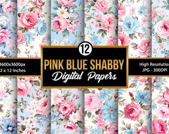 Pink and Blue Shabby Chic Digital Paper, Pastel Romantic Roses Seamless Patterns