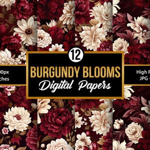 Carte digitali Burgundy Blooms, motivi senza soluzione di continuità con fiori color crema e bordeaux, sfondi floreali primaverili