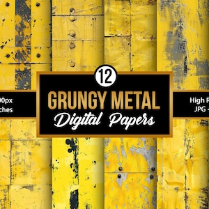 May include: A digital art pack featuring 12 grungy metal digital papers. The papers have a distressed, weathered look with yellow, black, and gray tones. The image includes the text "GRUNGY METAL Digital Papers" and the dimensions 12 x 12 inches.