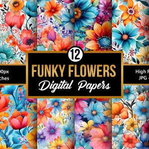 Funky Watercolor Flowers Digital Paper, Summer Watercolor Floral Seamless Pattern