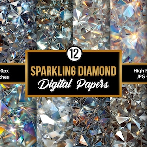 Pode incluir: Doze papéis digitais com um padrão de diamante brilhante. Cada papel mede 30,48 cm por 30,48 cm e 3600 pixels por 3600 pixels. Os papéis são de alta resolução e 300 DPI.