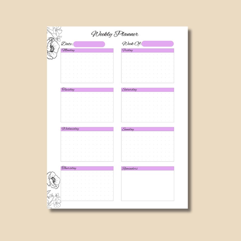 Pink Floral Weekly Planner Printable | Undated, Minimalist (US Letter ...