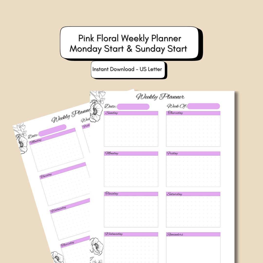 Pink Floral Weekly Planner Printable | Undated, Minimalist (US Letter ...