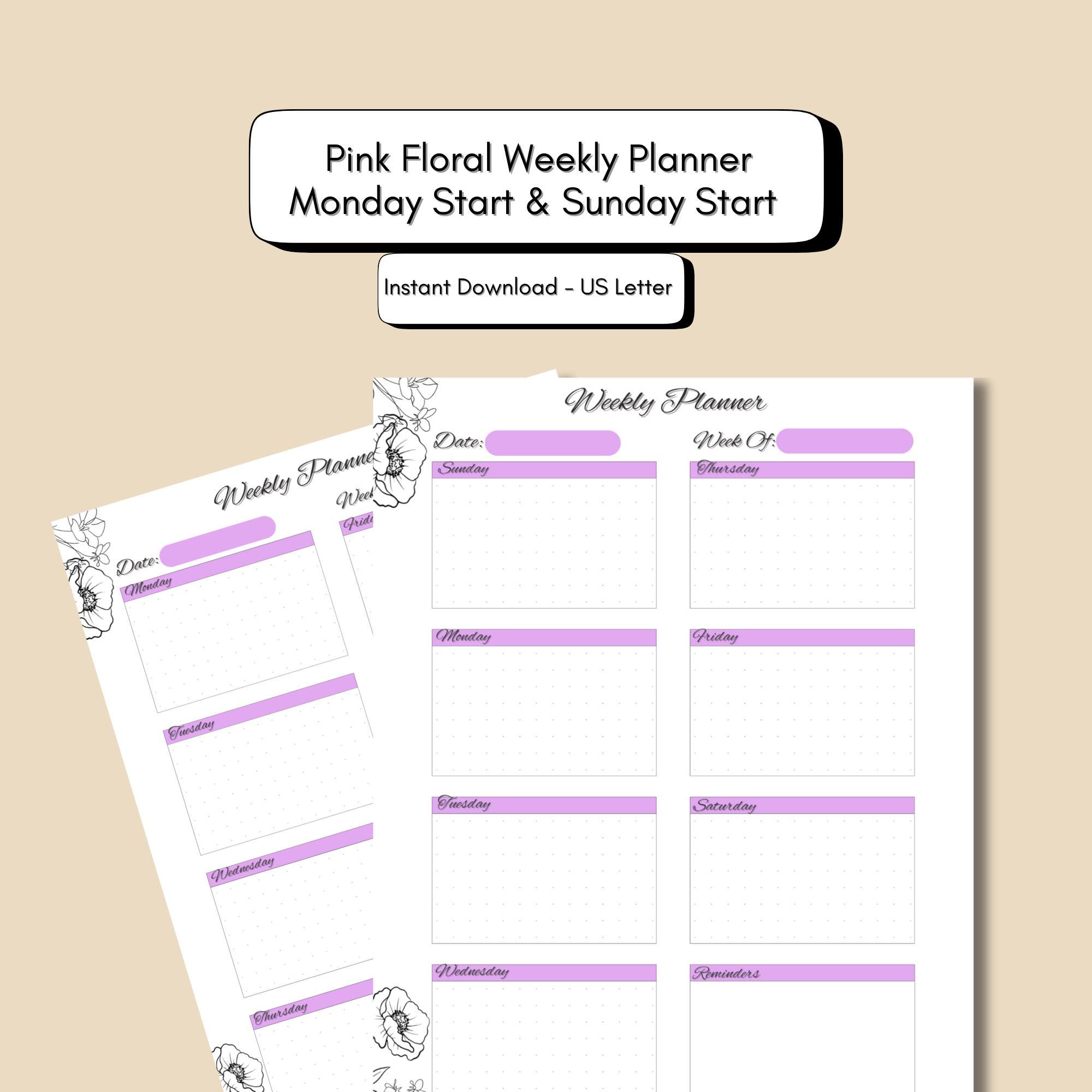 Pink Floral Weekly Planner Printable | Undated, Minimalist (US Letter ...