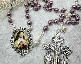 Handmade pearl rosary with large St. Therese of Lisieux centerpiece and Pardon Indulgence crucifix
