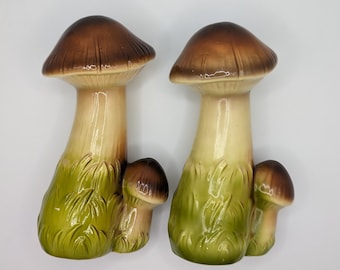 Vintage Double Mushroom Salt + Pepper Shakers, Japan Brown Green Ceramic