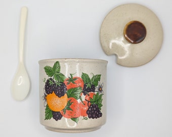 Vintage steengoed jampot honingpot zoutkelder met fruitproductiepatroon + originele lepel