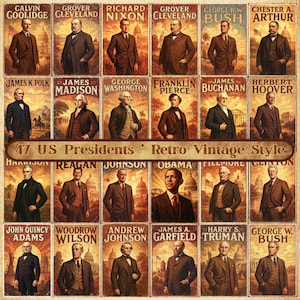 以下が含まれることがあります： 47人のアメリカ大統領の肖像画が描かれたレトロスタイルのポスター。各肖像画は、大統領の名前が上に書かれたセピア色の背景に配置されています。ポスターには「47 US Presidents Retro Vintage Style」というテキストが含まれています。