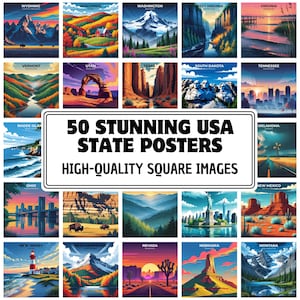 Puede incluir: Una colección de 50 carteles cuadrados de los estados de EE. UU. Cada cartel presenta una colorida ilustración del paisaje o punto de referencia de un estado. Los carteles están dispuestos en una cuadrícula, con los nombres de los estados mostrados encima de cada imagen. Se muestra el texto "50 STUNNING USA STATE POSTERS".