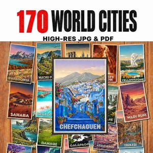 Puede incluir: Una colección de carteles de viaje con varias ciudades del mundo, incluyendo Patagonia, Machu Picchu y Chefchaouen. Los carteles están dispuestos sobre una superficie de madera, con el texto "170 WORLD CITIES" y "HIGH-RES JPG & PDF".