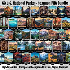 May include: A collection of 63 U.S. National Parks hexagon-shaped PNG images. Each image features a unique landscape, including mountains, forests, and deserts. The text at the top reads "63 U.S. National Parks - Hexagon PNG Bundle."