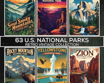 May include: A collection of six rectangular posters featuring illustrations of U.S. National Parks including Great Smoky Mountains, Grand Canyon, Yosemite, Rocky Mountain, Yellowstone, and Zion. The text 63 U.S. NATIONAL PARKS RETRO VINTAGE COLLECTION is centered.