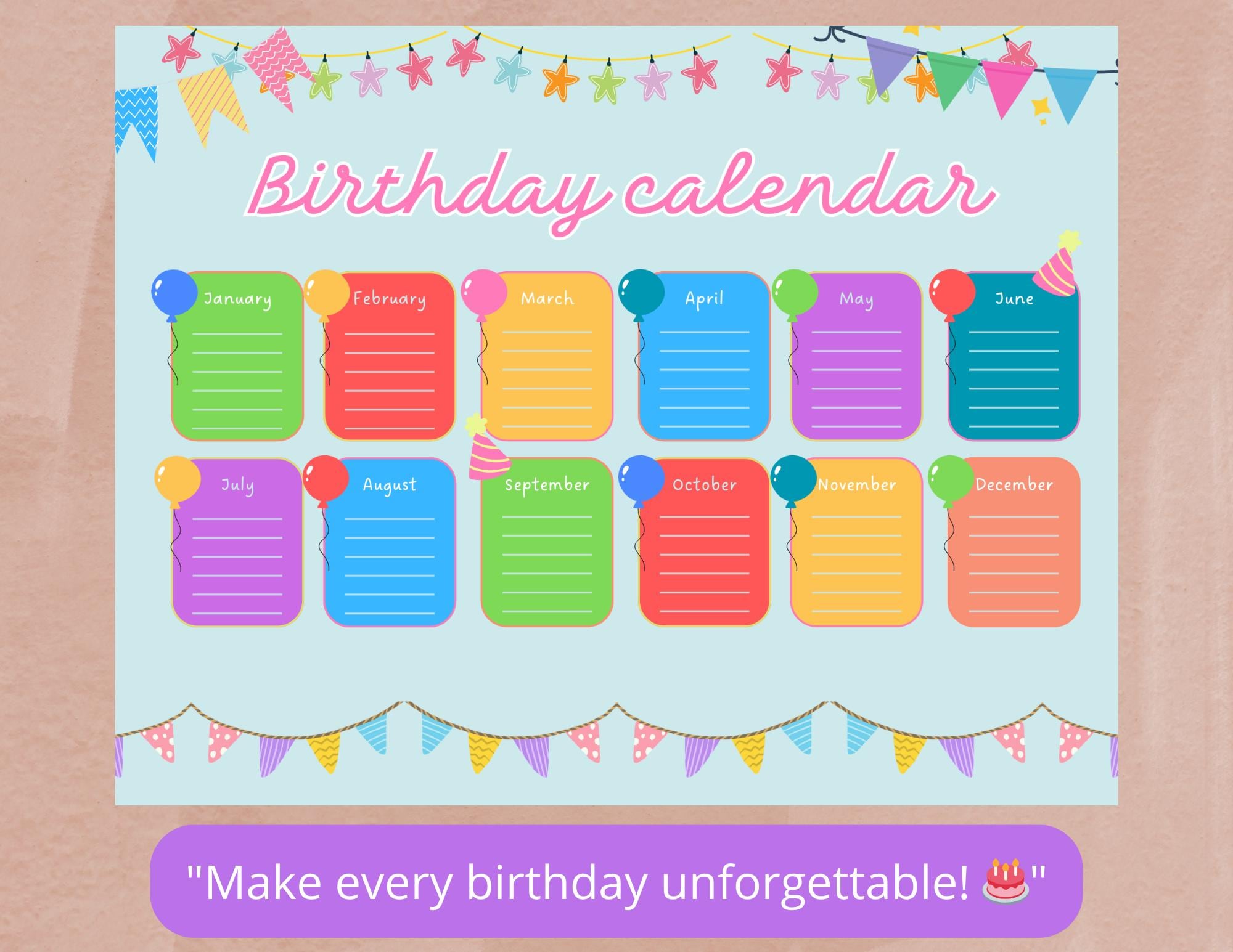 Editable Birthday Calendar Printable Template for Kids and Families ...