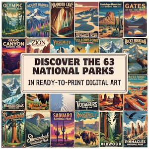 63 Nationalparks in den USA, Nationalparks-Kunst und Digitaldrucke, druckbare Wandkunst, Nationalpark-Poster, USA-Reisedekoration