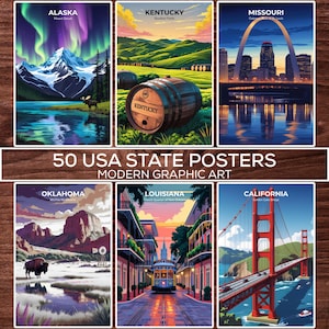 Puede incluir: Una colección de seis pósteres rectangulares titulados 50 USA STATE POSTERS MODERN GRAPHIC ART. Las láminas presentan ilustraciones estilizadas de Alaska, Kentucky, Missouri, Oklahoma, Luisiana y California con monumentos y paisajes icónicos.