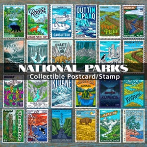 May include: A collection of vintage Canadian National Parks postcards and stamps. The stamps feature illustrations of landscapes, wildlife, and landmarks, with text such as "National Parks" and park names like "Glacier" and "Kluane".