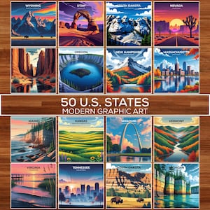 50 U.S. States Vector Art, Square 1:1 Printable Wall Art, USA States Posters, Modern Vector Travel Prints, Digital Download, Home Decor Set