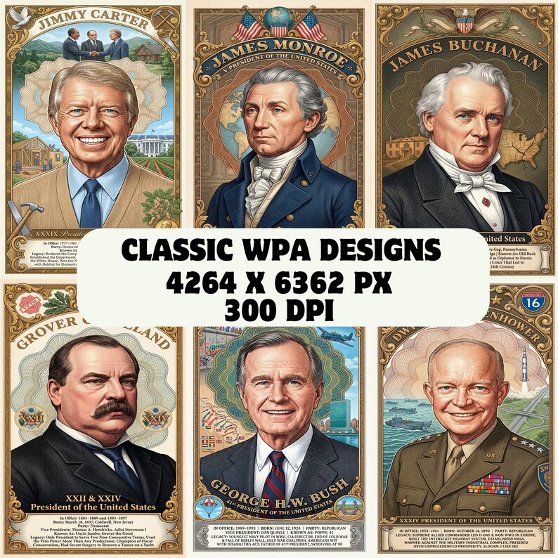 President Photo Design 47 US Presidents Poster Set, Complete American History Infographic ...