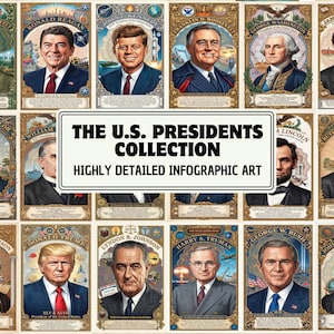 Puede incluir: Una colección de tarjetas ilustradas con retratos de presidentes de EE. UU. Las tarjetas están enmarcadas con bordes ornamentados e incluyen los nombres de los presidentes. El texto "THE U.S. PRESIDENTS COLLECTION" se muestra.