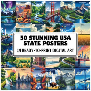 50 Stunning USA State Posters, Modern Vector Art, Digital Download, Wall Art, Home Decor, Travel Inspired, Printable State Art