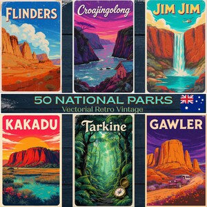 Puede incluir: Una colección de seis carteles de viaje de estilo vintage que representan parques nacionales australianos. Cada cartel muestra un paisaje diferente, incluyendo montañas, cascadas y bosques. Los carteles son de estilo retro con colores vibrantes y el texto "50 National Parks".