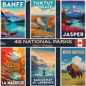 Puede incluir: Una colección de seis carteles de viaje retro vintage con parques nacionales. Los carteles muestran paisajes escénicos, incluyendo montañas, lagos y vida silvestre. Cada cartel tiene un diseño y una paleta de colores únicos.