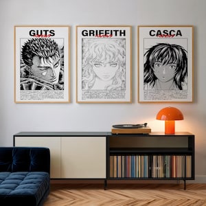 Berserk Poster Set of 3, Guts, Griffith and Casca, Dark Fantasy Anime Wall Art, Manga Print, Berserk Minimalist Artwork for Fans