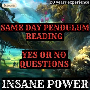 May include: A digital illustration of a mystical forest scene with a large tree and a stone structure. The text "SAME DAY PENDULUM READING YES OR NO QUESTIONS INSANE POWER" is written in red letters on the image.