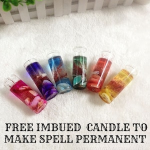 May include: Six small glass candle jars with colorful gel and decorative elements inside. The candles are arranged in a row on a white surface. The text "FREE IMBUED CANDLE TO MAKE SPELL PERMANENT" is printed below the candles.