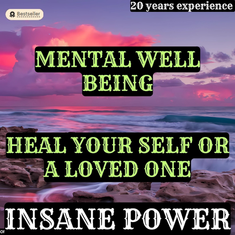 May include: A motivational quote about mental well-being, set against a colorful sunset over the ocean. The quote reads: "Mental Well Being Heal Your Self Or A Loved One Insane Power".