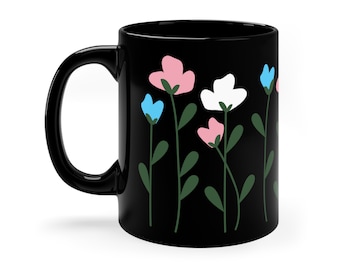 Subtle Trans Pride 11oz Black Mug, LGBTQIA+ gift, Floral Transgender Flag, Proceeds to Charity