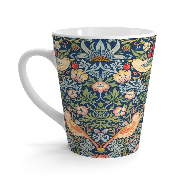 William Morris Art Nouveau Latte Mug, 12oz, The Strawberry Thief Bird Design, Arts & Crafts Movement, 1883