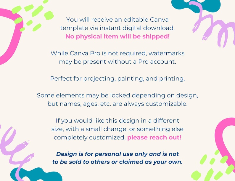 May include: An editable digital Canva template with a cream background featuring abstract pink, teal, and lime green shapes. The text provides instructions for customization, usage rights, and design details for this downloadable graphic asset.