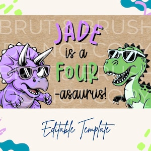 Mall för dinosauriefödelsedagsbanner | Anpassningsbar Canva-mockupdesign (digital nedladdning)