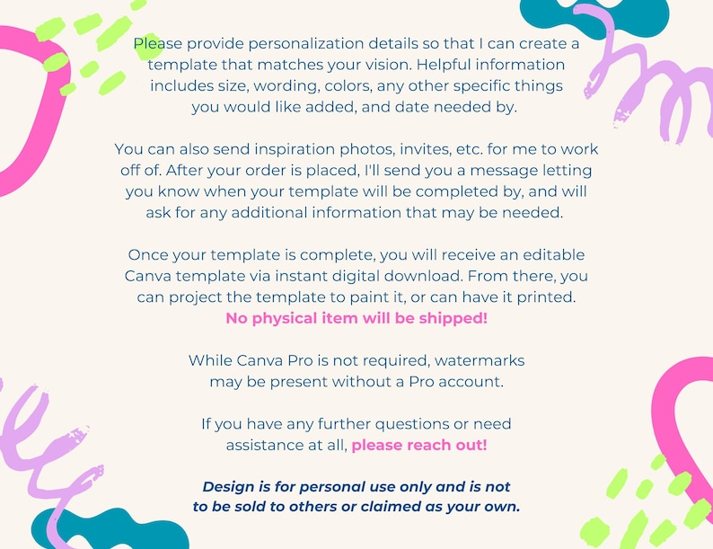 May include: An informational graphic with a cream background and abstract shapes in pink, teal, and lime green. The text provides instructions for a custom Canva template, including personalization details, digital delivery, and usage terms.