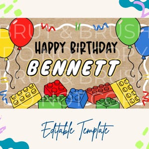 May include: A rectangular birthday sign on a brown kraft paper background featuring the text HAPPY BIRTHDAY BENNETT in black and white. The design includes red, yellow, green, and blue balloons and colorful plastic building blocks at the bottom.