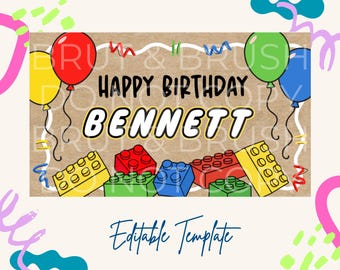 Modello di banner di compleanno Lego / Mockup personalizzabile per Canva (Download digitale)