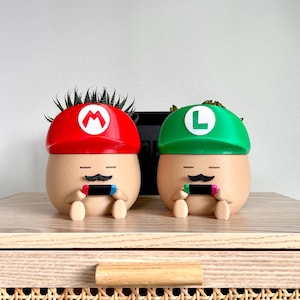 Peut inclure: Deux pots de fleurs originaux en forme de personnages de jeu vidéo. L'un a un chapeau rouge avec un "M" blanc, l'autre un chapeau vert avec un "L" blanc. Ils ont des moustaches et tiennent des manettes de jeu. Chaque pot a une petite plante.