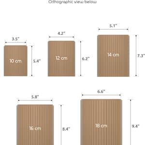 May include: Four different sizes of brown planter pots with ribbed sides. The pots are shown with their dimensions in inches and centimeters. The text "Planter Sizes & Dimensions" and "Orthographic view below" is also shown.